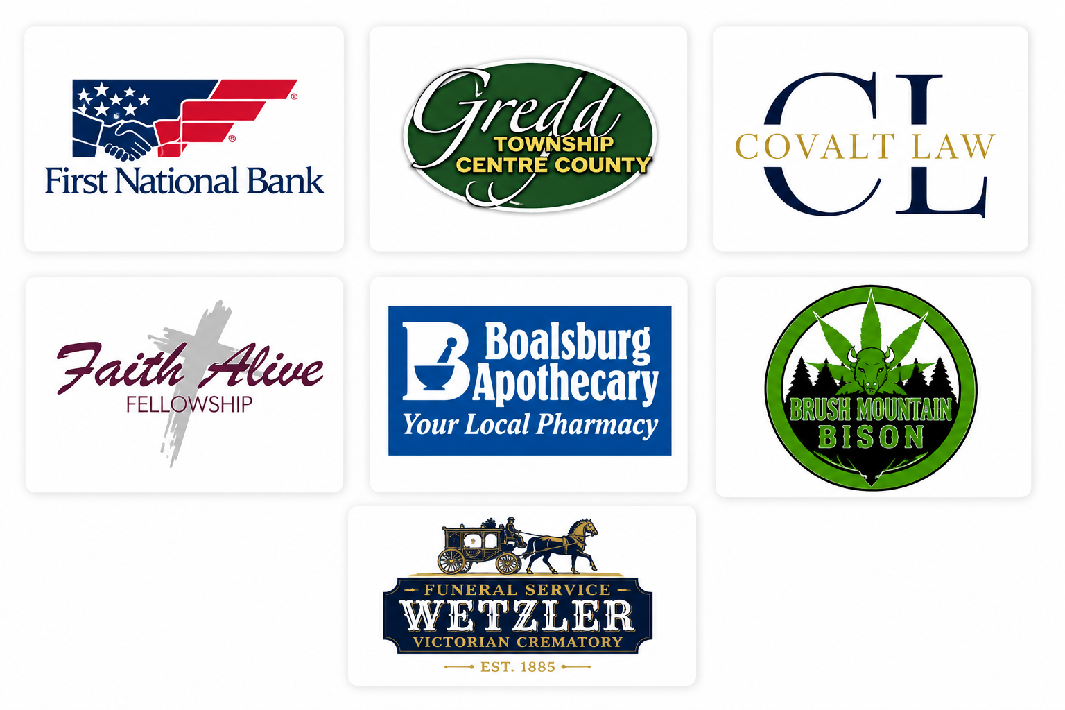 Bronze level sponsors featuring the logos of first national bank, gregg township, covalt law, faith alive, boalsburg apothecary, brush mountain bison, and funeral service wetzler.
