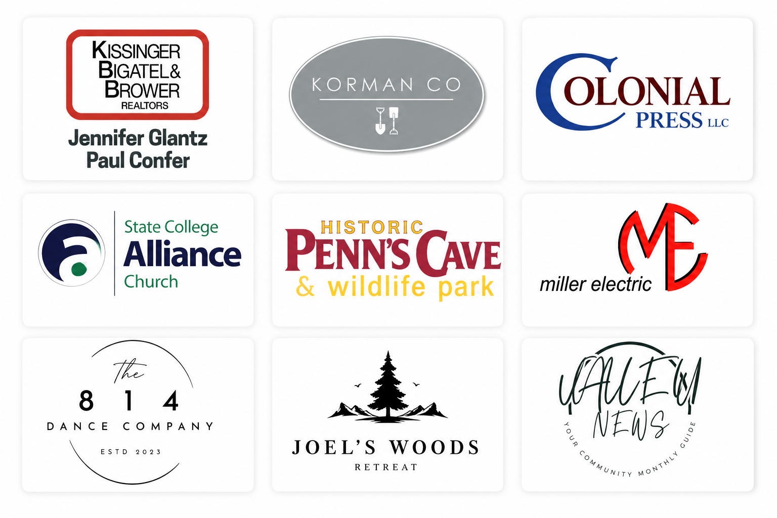 bronze level sponsors featuring the logos for kissinger bigatel & brower realtors, korman co, colonial press, state college alliance, historic penn's cave, miller electric, 814 dance company, joel's woods, and valley news